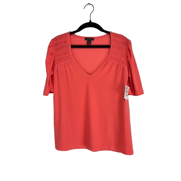 NWT Halogen Coral Glow Puff Shoulder V-Neck Top Shirred Detail Women's Size XS - Picture 2 of 7